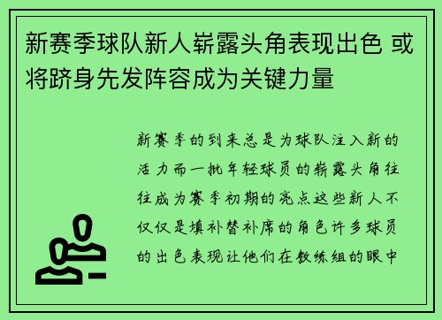 新赛季球队新人崭露头角表现出色 或将跻身先发阵容成为关键力量