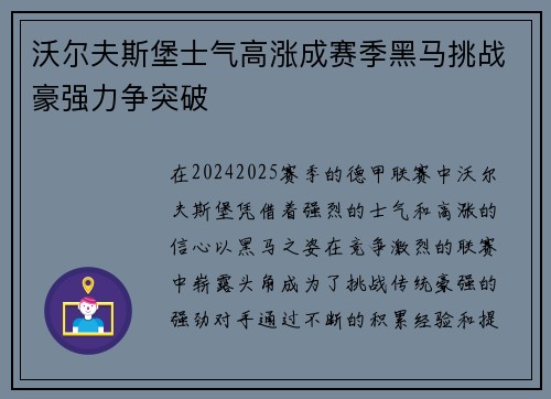 沃尔夫斯堡士气高涨成赛季黑马挑战豪强力争突破
