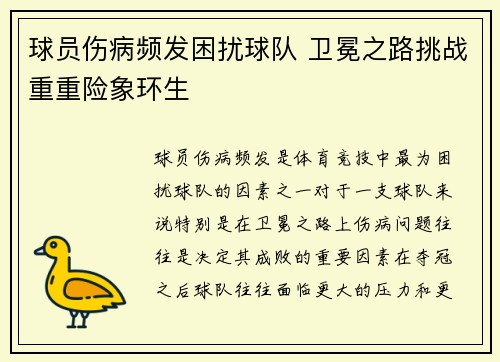 球员伤病频发困扰球队 卫冕之路挑战重重险象环生